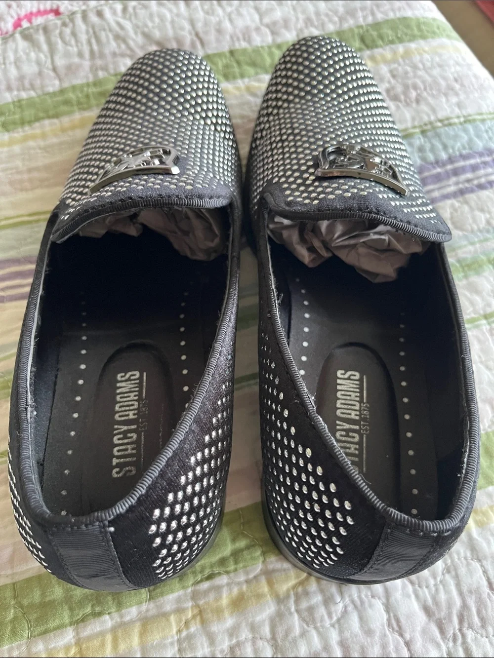 Stacy Adams Swagger Black w/ Silver Studs Slip-On Loafers Silver Crest Size 9M
